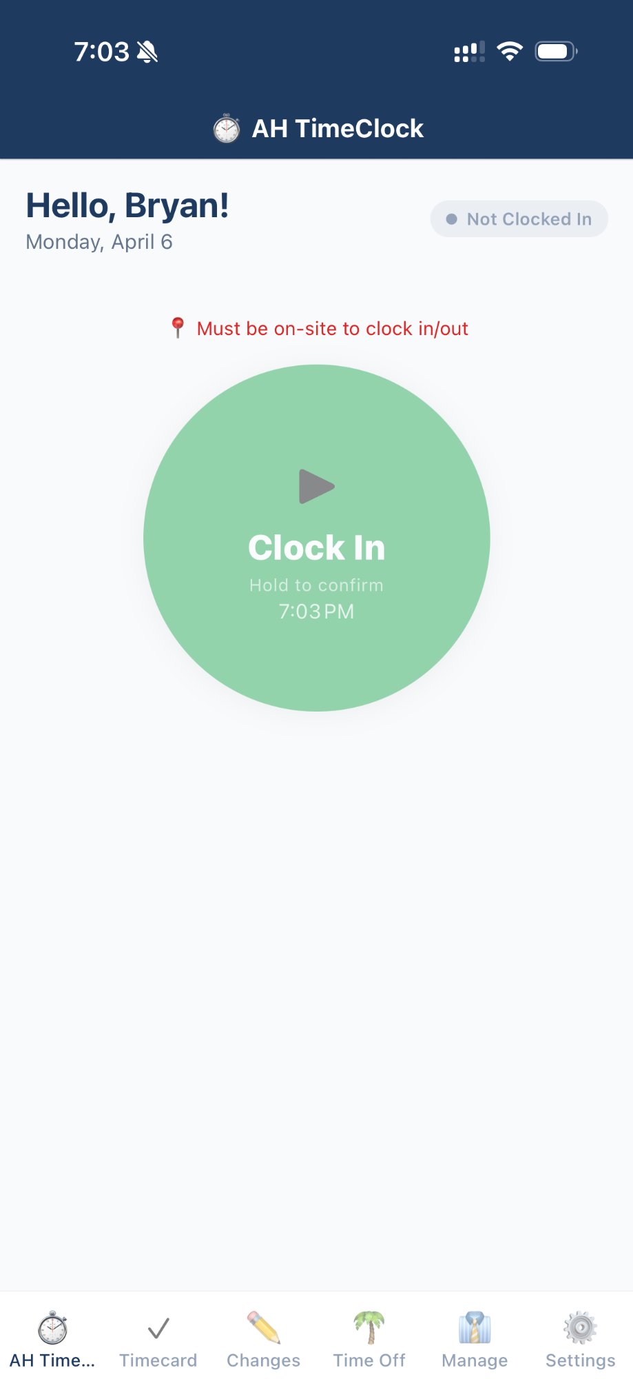 DealerTimeClock employee dashboard showing clock in button and geo-lock status